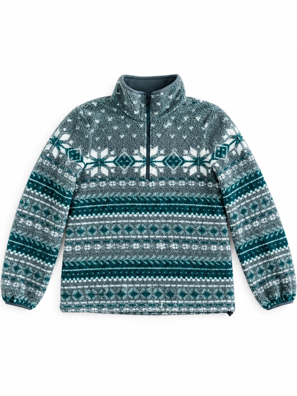 L.L. Bean Fair Isle Fleece Quarter Zip Pullover Teal Gray Cozy Winter Size Large